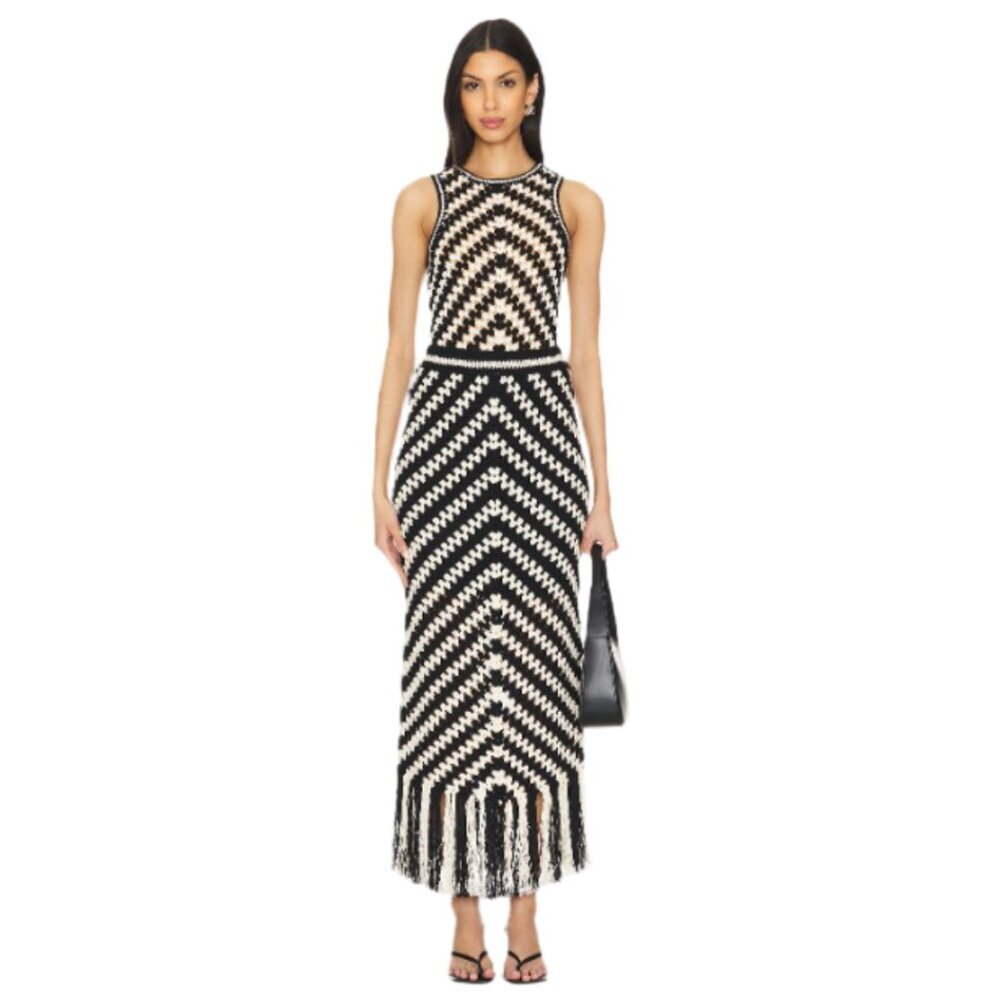 😮NWT - ZIMMERMANN Halliday Hand Crochet Skirt - 0P - Black/White w/ Tassels